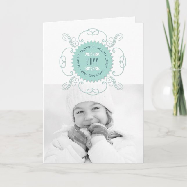 Season's Greetings Happy New Year Blue Seal Photo Holiday Card (Front)