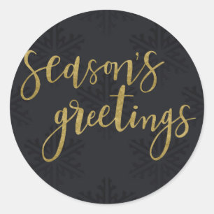 SEASON'S GREETINGS Holiday Black Snowflakes Classic Round Sticker