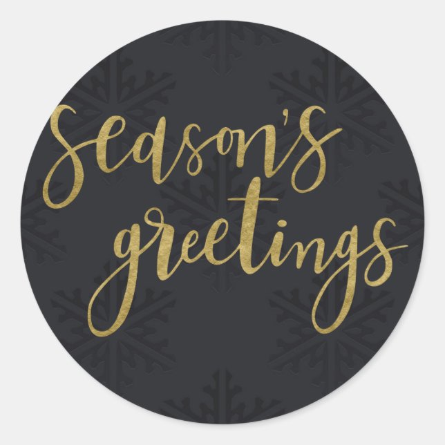 SEASON'S GREETINGS Holiday Black Snowflakes Classic Round Sticker (Front)