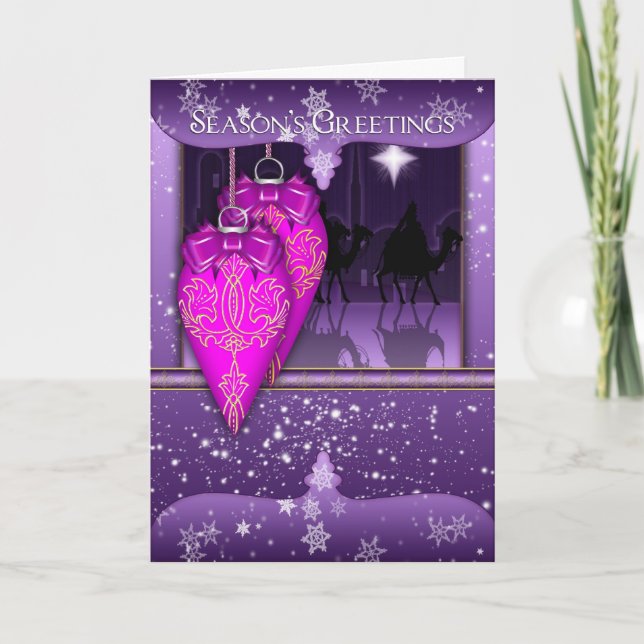season's greetings holiday card in purple with orn (Front)
