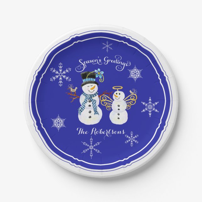 Season's Greetings Holiday Party Snowmen Snowflake Paper Plate (Front)