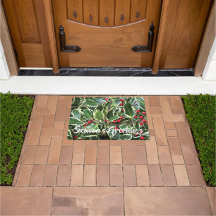 Season's Greetings Holly Berry Holiday Doormat