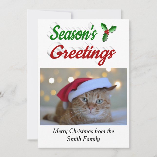 Seasons Greetings Holly Christmas photo script Holiday Card (Front)