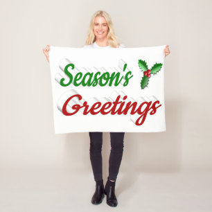 Seasons Greetings Holly Christmas red green script Fleece Blanket