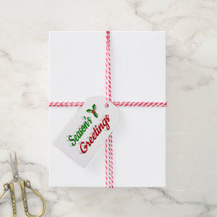 Seasons Greetings Holly Christmas red green script Gift Tags
