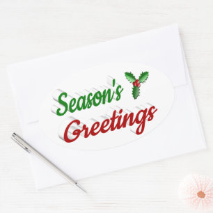 Seasons Greetings Holly Christmas red green script Oval Sticker