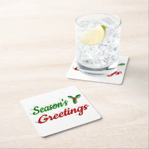 Seasons Greetings Holly Christmas red green script Square Paper Coaster