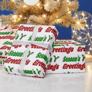 Seasons Greetings Holly Christmas typography Wrapping Paper