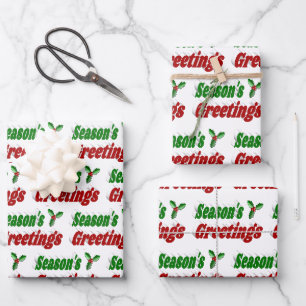 Seasons Greetings Holly Christmas typography Wrapping Paper Sheet