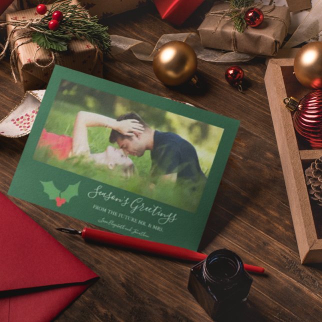 Season's Greetings Holly Engaged Couple Photo Holiday Card (Creator Uploaded)