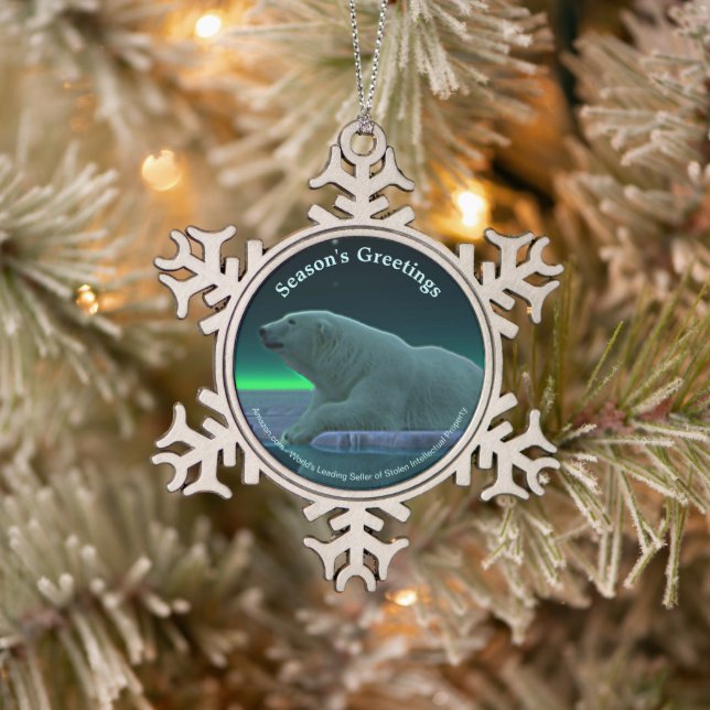 Season's Greetings - Ice Edge Polar Bear Snowflake Pewter Christmas Ornament (Tree)