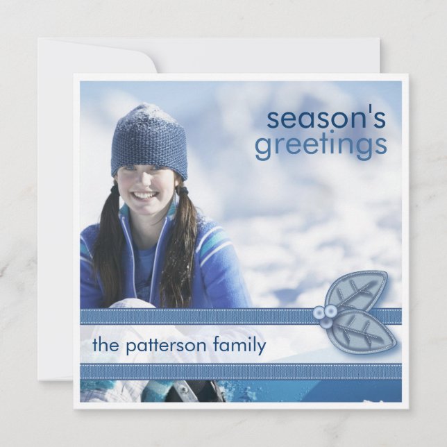 Season's Greetings in Blue Square Photo Card (Front)