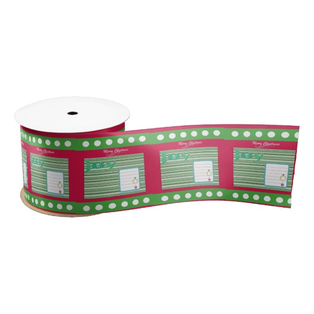 Seasons Greetings, Joy Merry Christmas GreenRibbon Satin Ribbon (Spool)