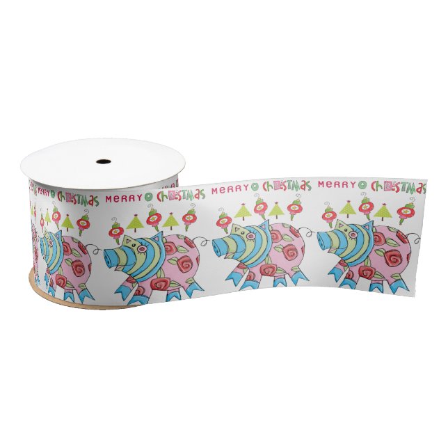 Seasons Greetings, Joy Merry Christmas Pink Pig Satin Ribbon (Spool)