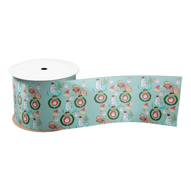 Seasons Greetings, Joy Merry Christmas Polar Bear Satin Ribbon (Spool)