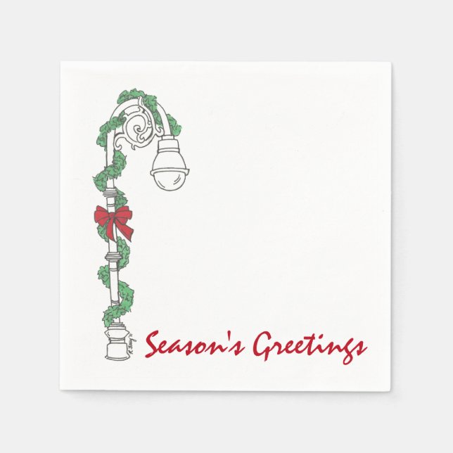 Season's Greetings Lamppost Bow Christmas Holiday Napkin (Front)