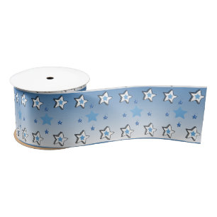 Seasons Greetings, Merry Christmas Blue White Star Satin Ribbon