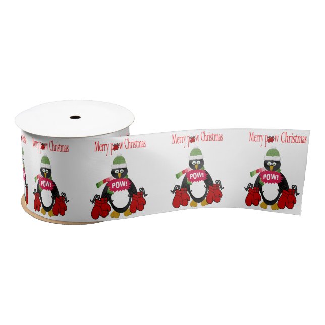 Seasons Greetings, Merry Christmas Penguin Boxing Satin Ribbon (Spool)