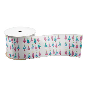 Seasons Greetings, Merry Christmas Trees White Satin Ribbon