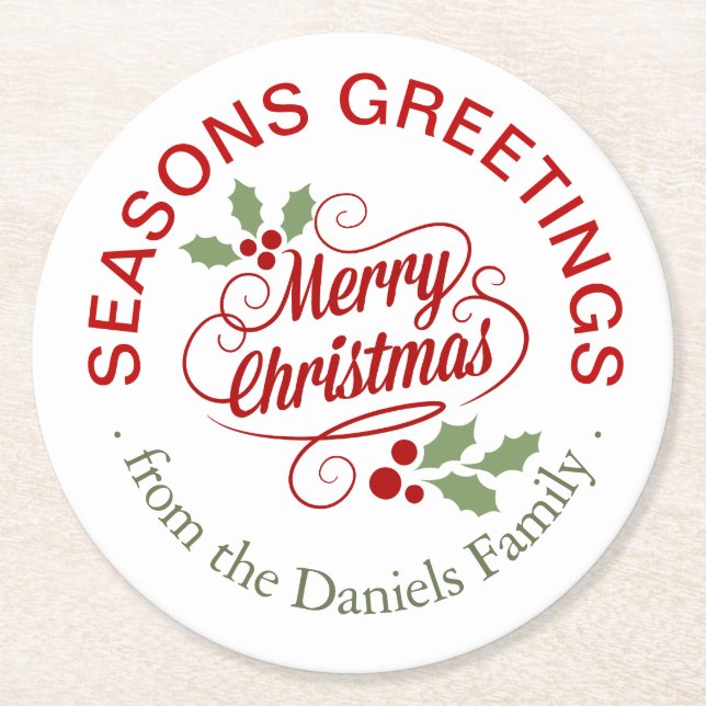 Seasons Greetings Merry Christmas Typography Round Paper Coaster (Front)
