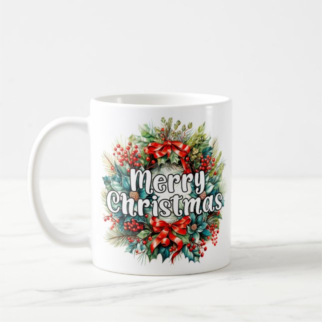 Seasons Greetings | Merry Christmas Wreath Coffee Mug (Left)