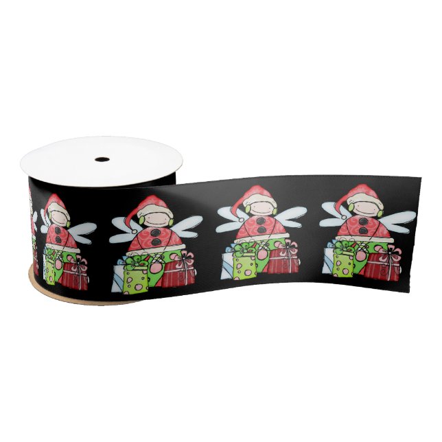Seasons Greetings, Merry ChristmasSanta AngelBlack Satin Ribbon (Spool)