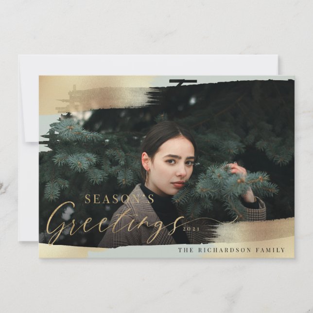 Season's Greetings Mint & Gold Foil Brush Photo Holiday Card (Front)