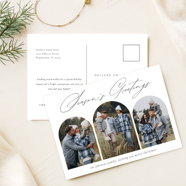 Season's Greetings | Modern Arch 3 Photo Christmas Postcard (Creator Uploaded)