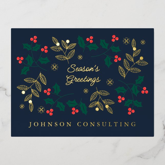 Season's Greetings Modern Christmas Holly Berries Foil Holiday Postcard (Front)