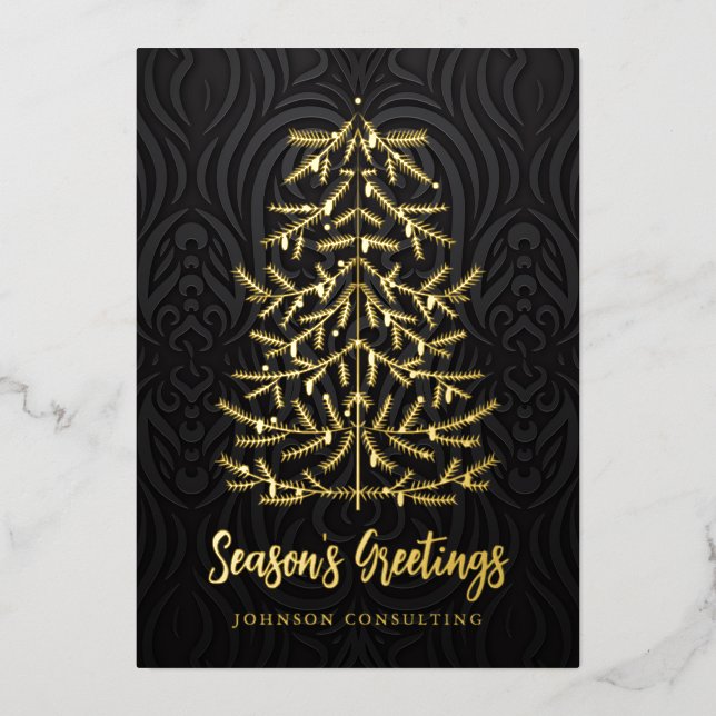 Season's Greetings Modern Christmas Tree Damask Foil Holiday Card (Front)