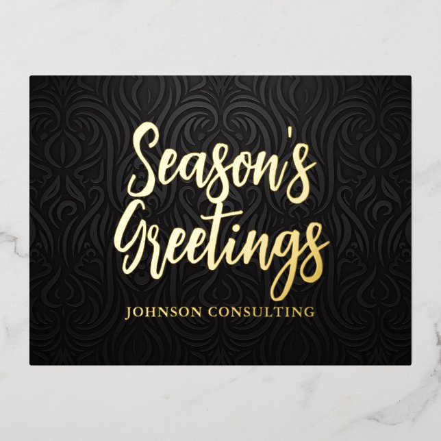 Season's Greetings Modern Elegant Black Damask Foil Holiday Postcard (Front)