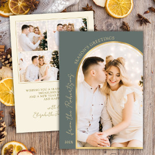 Season's Greetings Modern Gold Arch 5 Photo Green  Holiday Card