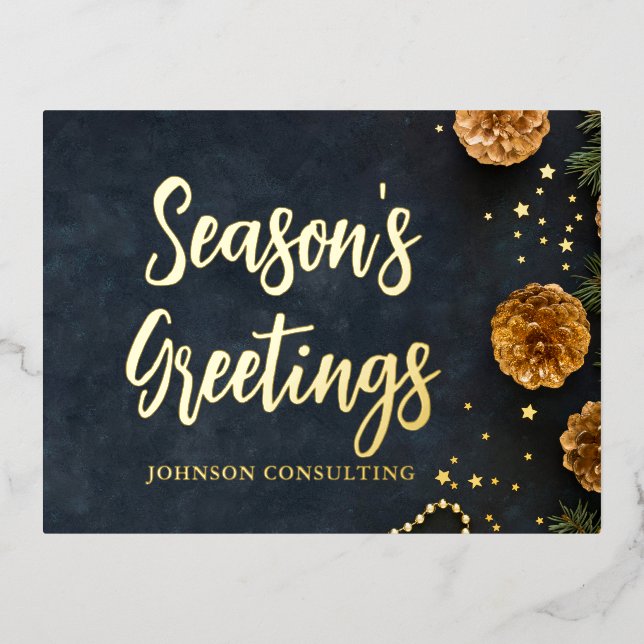 Season's Greetings Modern Gold Pine Cones Stars Foil Holiday Postcard (Front)