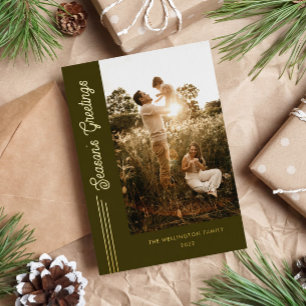 Season's Greetings Modern Olive Green Photo  Foil Holiday Card