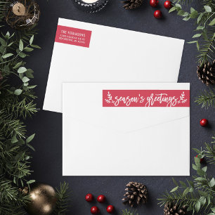 Seasons Greetings Modern Red Sprig Holiday Wrap Around Label