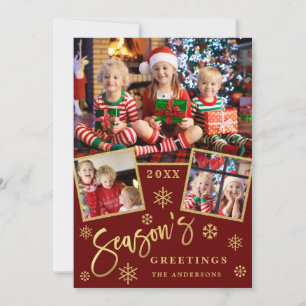 Season's Greetings Modern Script 3 PHOTO Collage Holiday Card