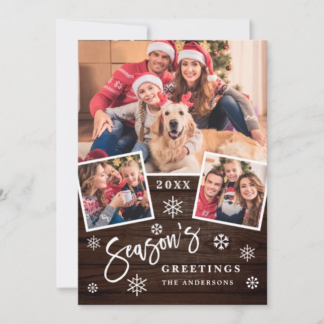Season's Greetings Modern Script 3 PHOTO Greeting Holiday Card (Front)