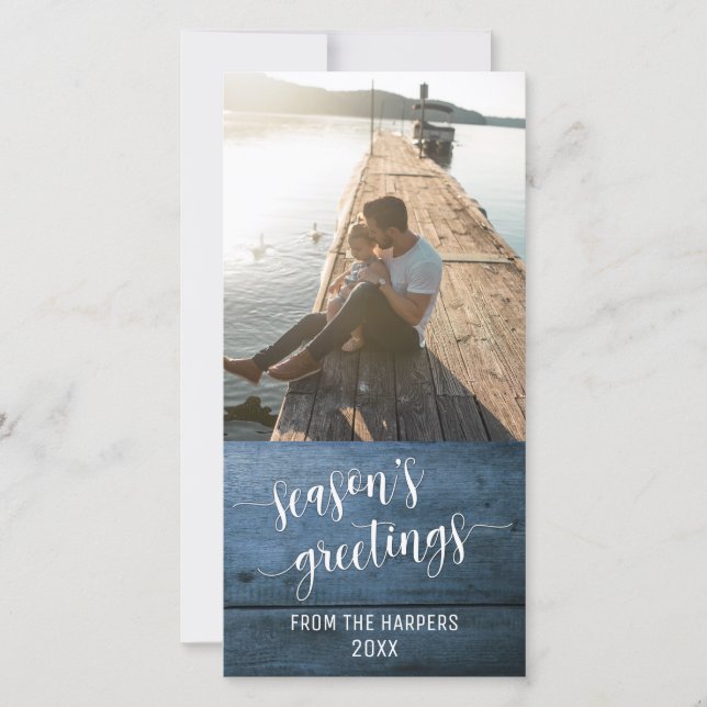 Season's Greetings Modern Script Blue Rustic Wood Holiday Card (Front)