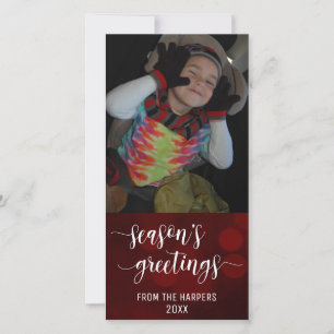 Season's Greetings Modern Script, Red Bokeh Lights Holiday Card