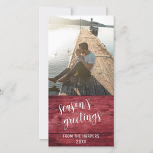 Season's Greetings Modern Script Red Rustic Wood Holiday Card