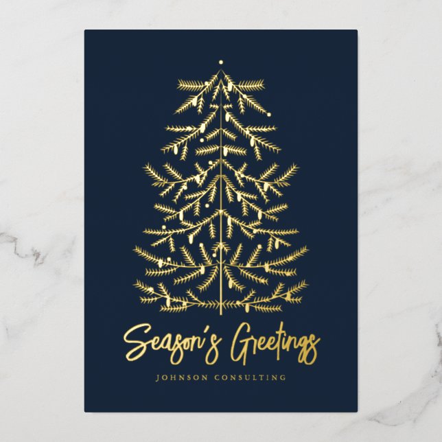 Season's Greetings Modern Simple Christmas Tree Foil Holiday Card (Front)