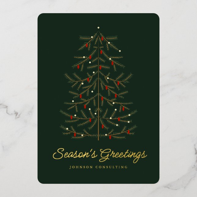 Season's Greetings Modern Simple Christmas Tree Foil Holiday Card (Front)