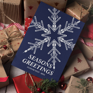Seasons Greetings Modern Snowflake Navy Blue Holiday Card