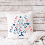 SEAsons Greetings Nautical Tree Coastal Christmas Cushion<br><div class="desc">Beach inspired holiday throw pillow features tropical fish,  lighthouse,  anchor,  whale tail,  seashell,  starfish,  crab,  sand dollar,  sailboat,  seahorse and captain's wheel in the shape of a Christmas tree with "SEAson's Greetings" typography. Perfect for coastal & nautical holiday decor themes. Reverse side is navy blue. Art by KL Stock.</div>