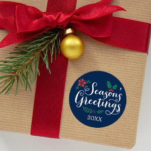 Seasons Greetings Navy Blue Holiday Classic Round Sticker