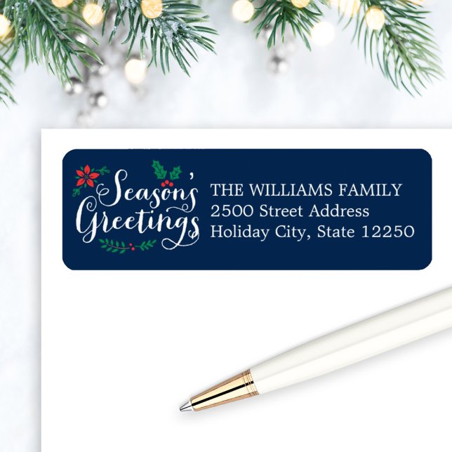 Seasons Greetings Navy Blue Holly Address (Creator Uploaded)