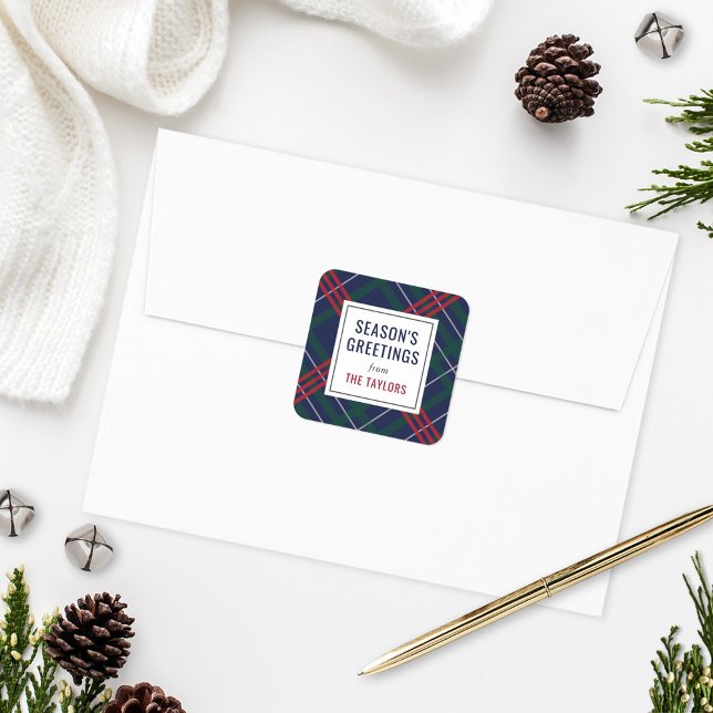 Seasons Greetings Navy Tartan Plaid Custom Family Square Sticker (Creator Uploaded)