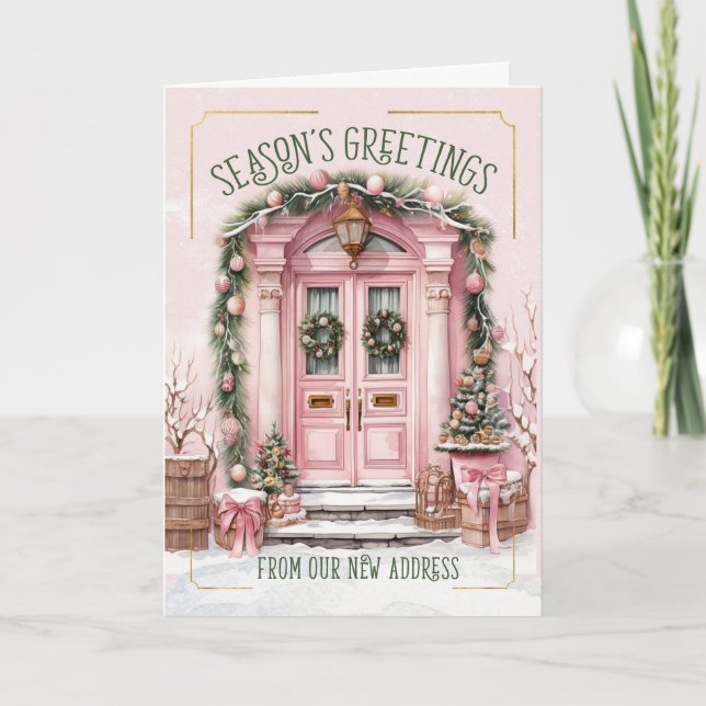 Season's Greetings New Address Pink New Home Holiday Card (Front)