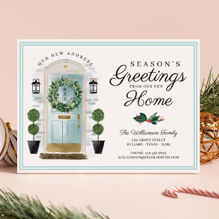 Seasons Greetings New Home Aqua Watercolor Door Holiday Card