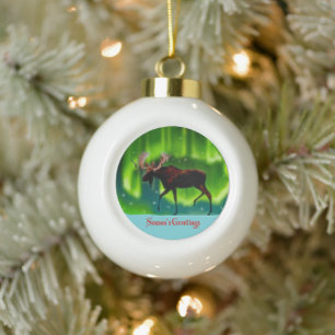 Season's Greetings - Northern Lights Moose Ceramic Ball Christmas Ornament